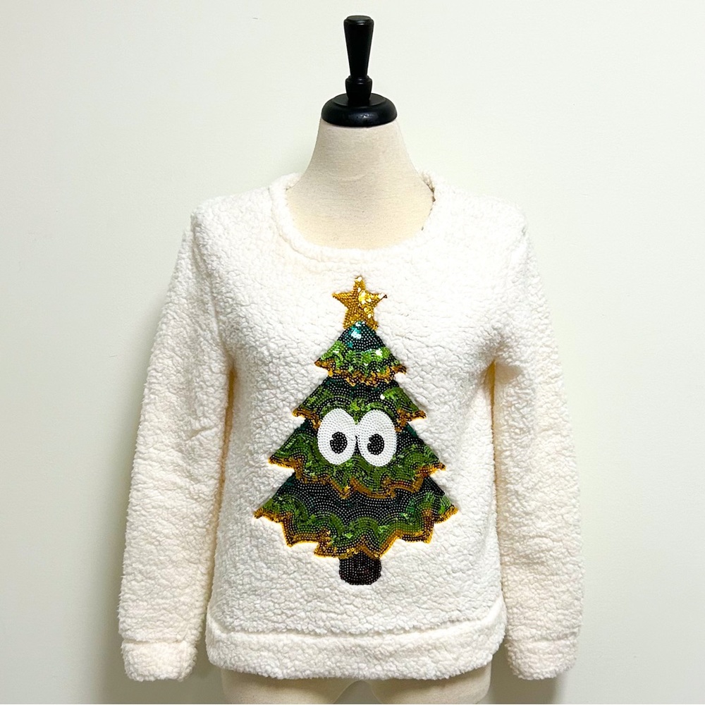 Miss Chievous Ivory Faux Sherpa Fur Christmas Tree Sequins Sweatshirt Medium